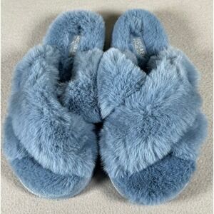 Michael Kors Faux Fur Slide Slippers Blue MK Logo Cozy Women 8-9